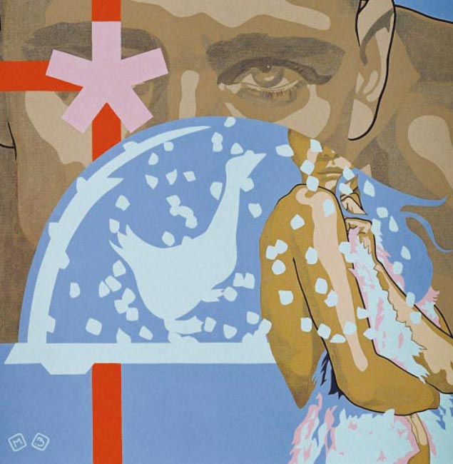 Myriam Baudin, La dinde de Noël est une oie blanche, 2002. 80 x 80 cm. Peinture acrylique.