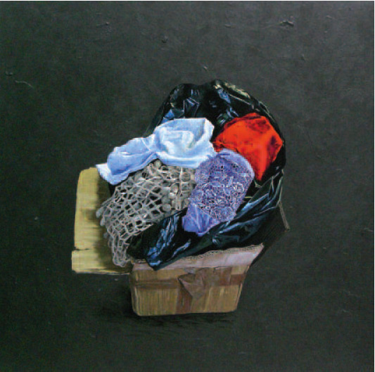 Denis Rivière, série sac poubelle.100 cm x 100 cm, acrylique, huile sur toile.