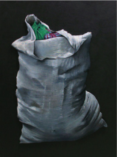 Denis Rivière, série sac poubelle.110 cm x 150 cm, huile sur bois découpé fixé sur panneau peint acrylique.
