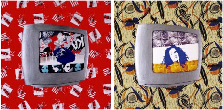 Ivan Messac, Une page de pub et Tonight Africa, 2005. 100 x 100 x 4 cm. Acrylique, tissus imprimés & polystyrène sur toile.