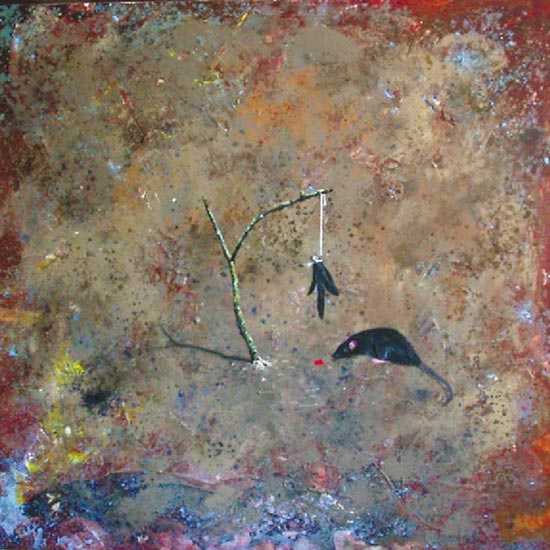 Denis Rivière,série « mon bestiaire » l’arbre à plume qui pleurait des larmes de sang, 2005. 120 x 120 cm. Huile sur toile.
