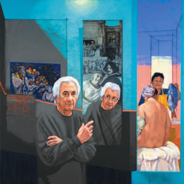 Herman Braun Vega, Ego et alter-ego, (autoportrait) (Cézanne, Velázquez, Rembrandt et Ingres), 2007, acrylique sur bois, 100 x 100 cm.