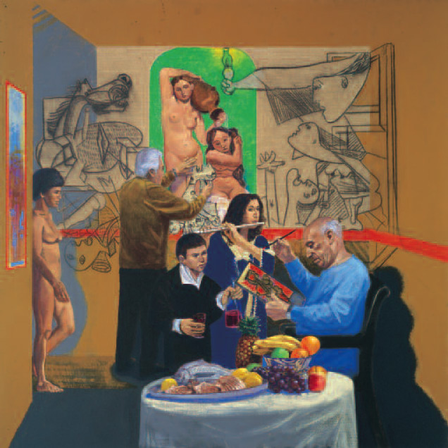 Herman Braun Vega, Laborando con Don Pablo, (Velázquez, Ingres y Duncan), 2006, acrylique sur toile, 1.46 m x 1.46 m.